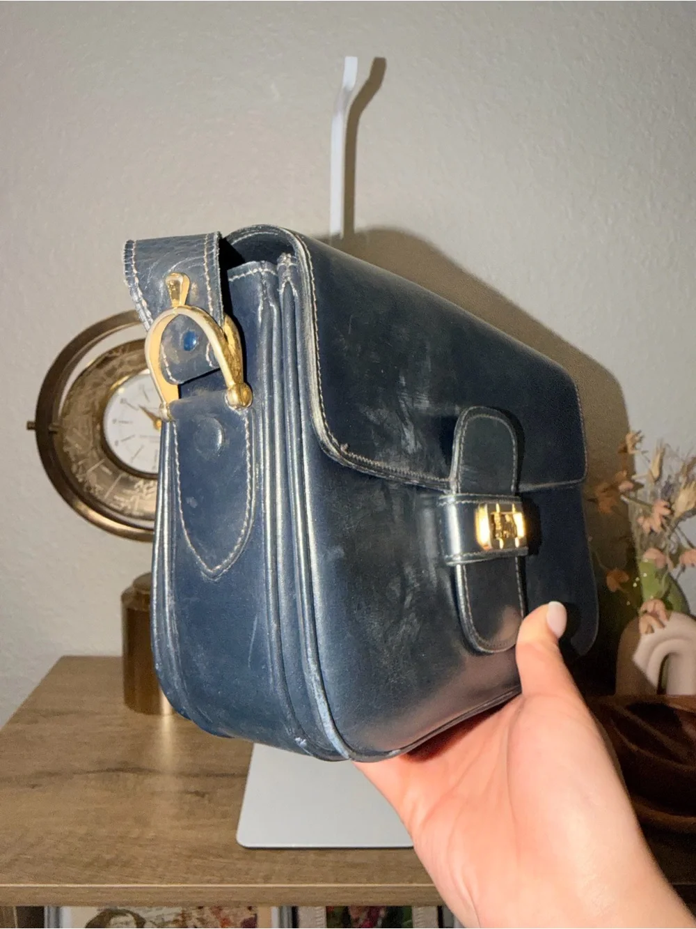 Vintage Black Leather Celine Shoulder Bag with Gold Hardware